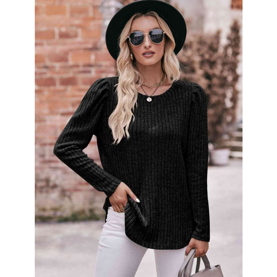 Double Take Round Neck Puff Sleeve Ribbed Top Black / S Apparel and Accessories