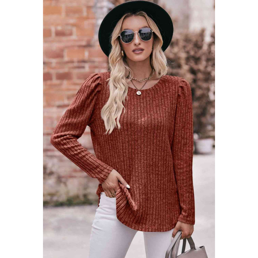 Double Take Round Neck Puff Sleeve Ribbed Top Caramel / S Apparel and Accessories