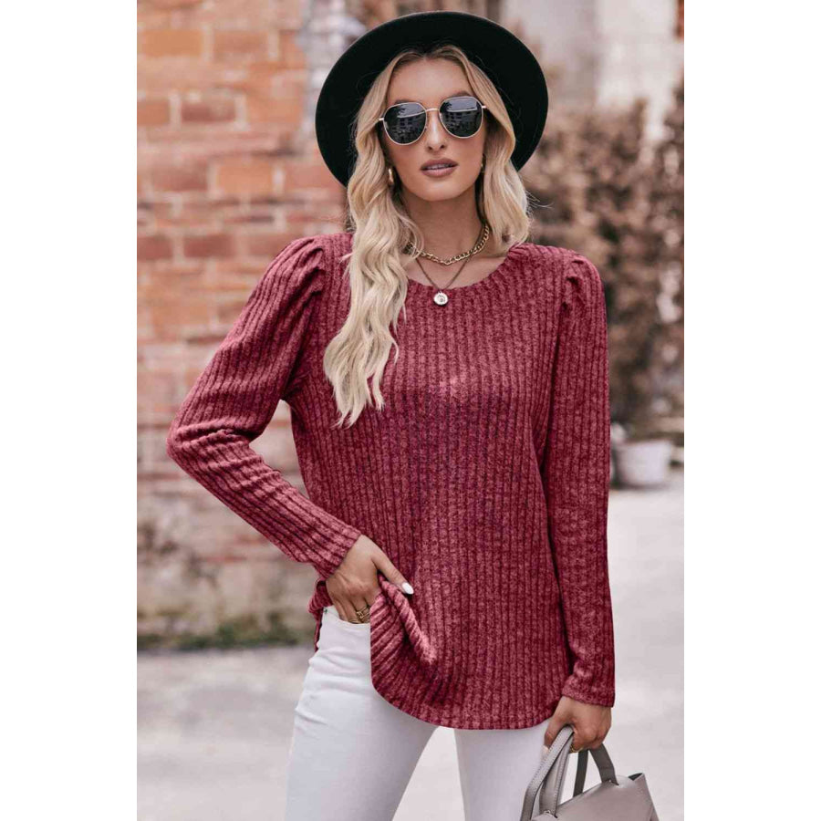 Double Take Round Neck Puff Sleeve Ribbed Top Cerise / S Apparel and Accessories