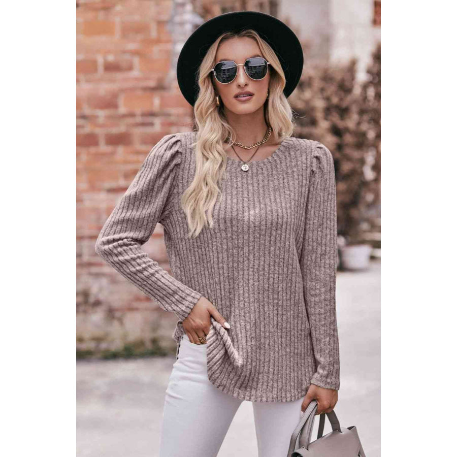 Double Take Round Neck Puff Sleeve Ribbed Top Dust Storm / S Apparel and Accessories