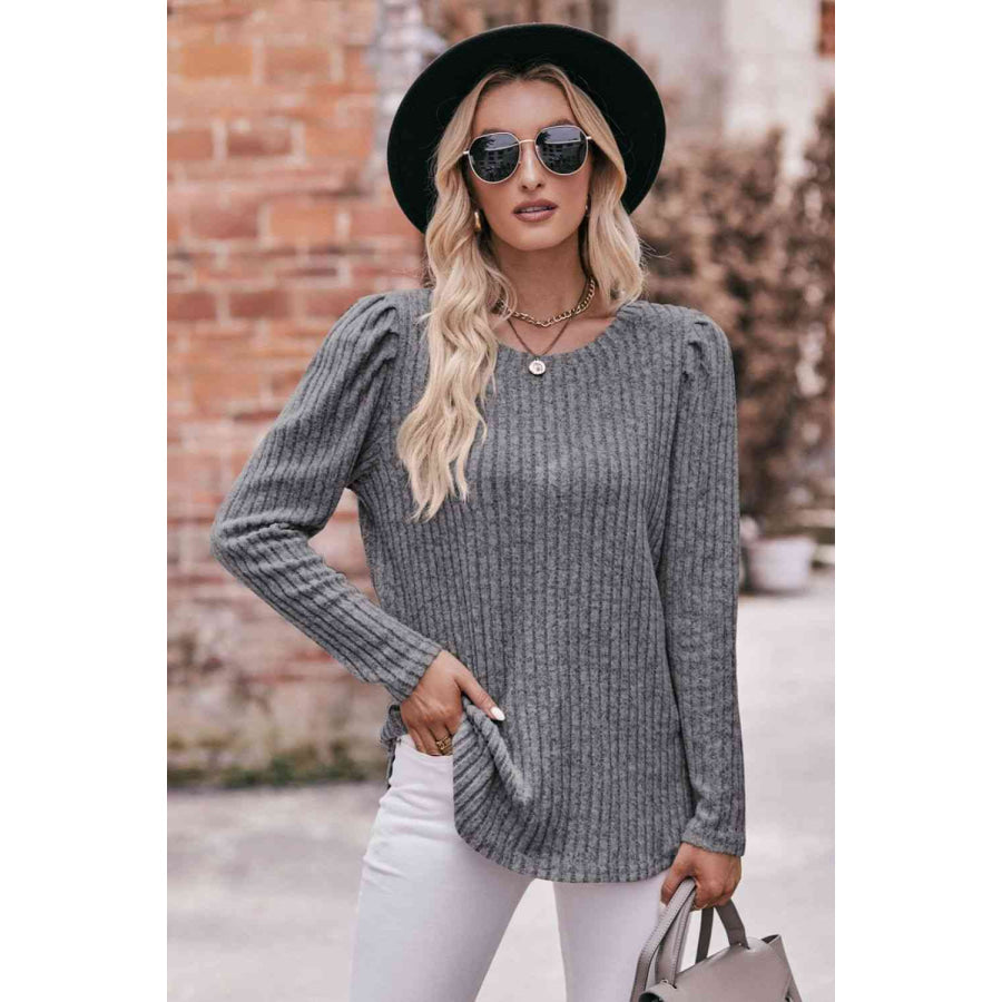 Double Take Round Neck Puff Sleeve Ribbed Top Heather Gray / S Apparel and Accessories