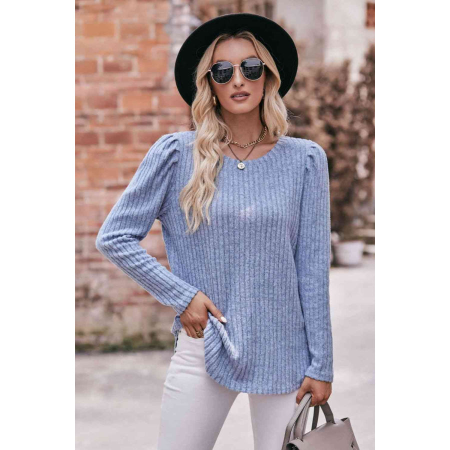 Double Take Round Neck Puff Sleeve Ribbed Top Misty Blue / S Apparel and Accessories