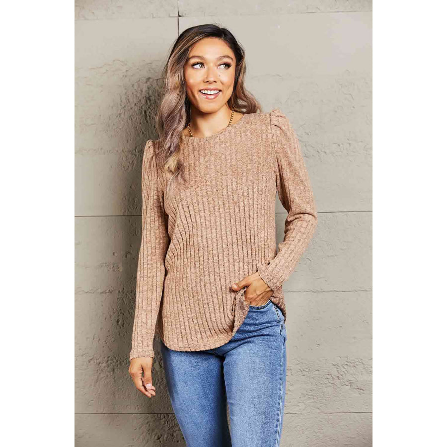 Double Take Round Neck Puff Sleeve Ribbed Top Tan / S Apparel and Accessories