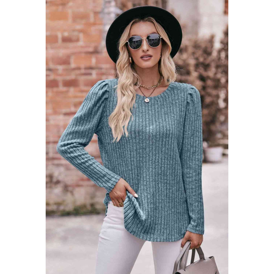 Double Take Round Neck Puff Sleeve Ribbed Top Turquoise / S Apparel and Accessories