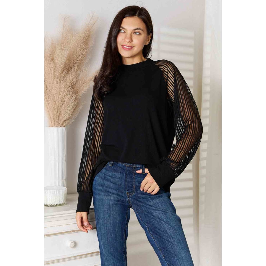 Double Take Round Neck Raglan Sleeve Blouse Black / S Shirts &amp; Tops