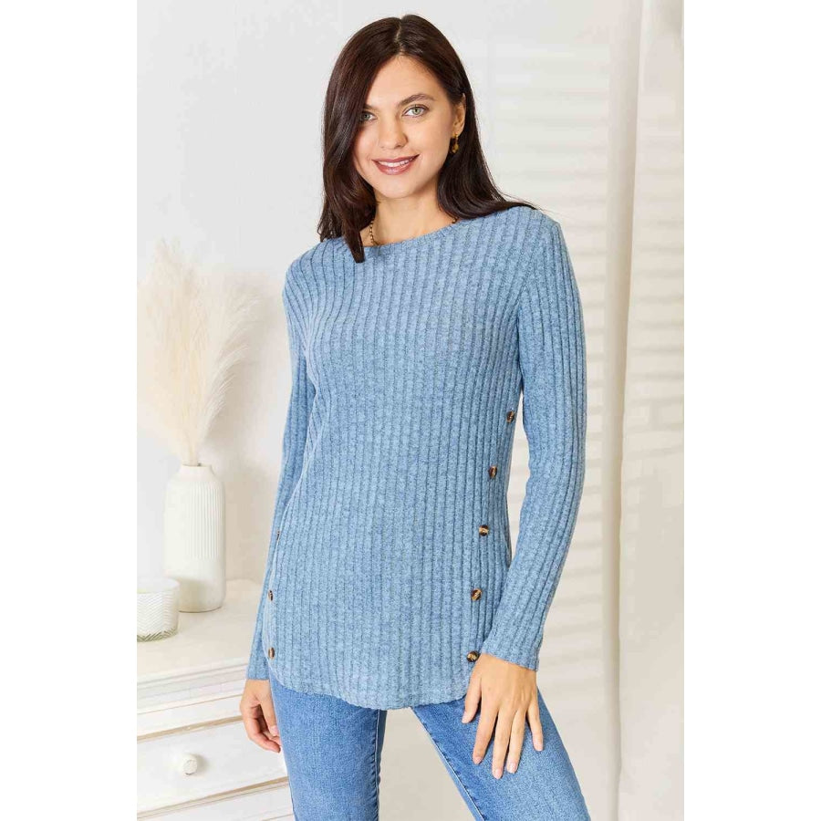 Double Take Round Neck Ribbed Long Sleeve T-Shirt Misty Blue / S
