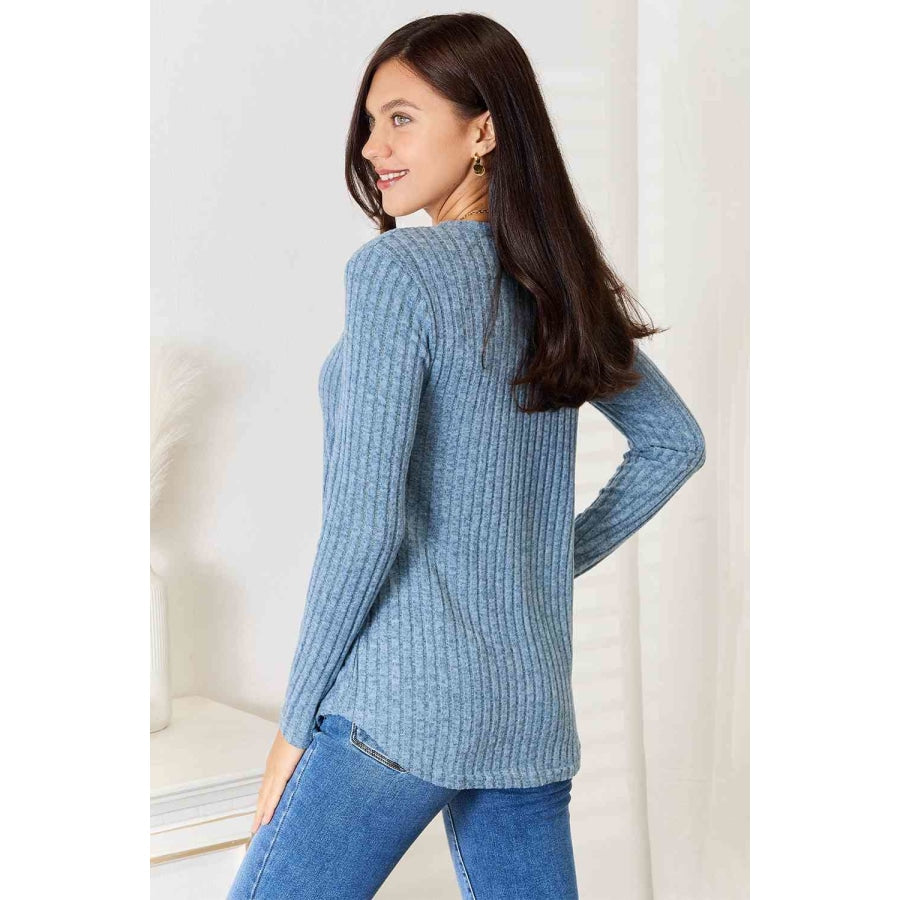 Double Take Round Neck Ribbed Long Sleeve T-Shirt Misty Blue / S