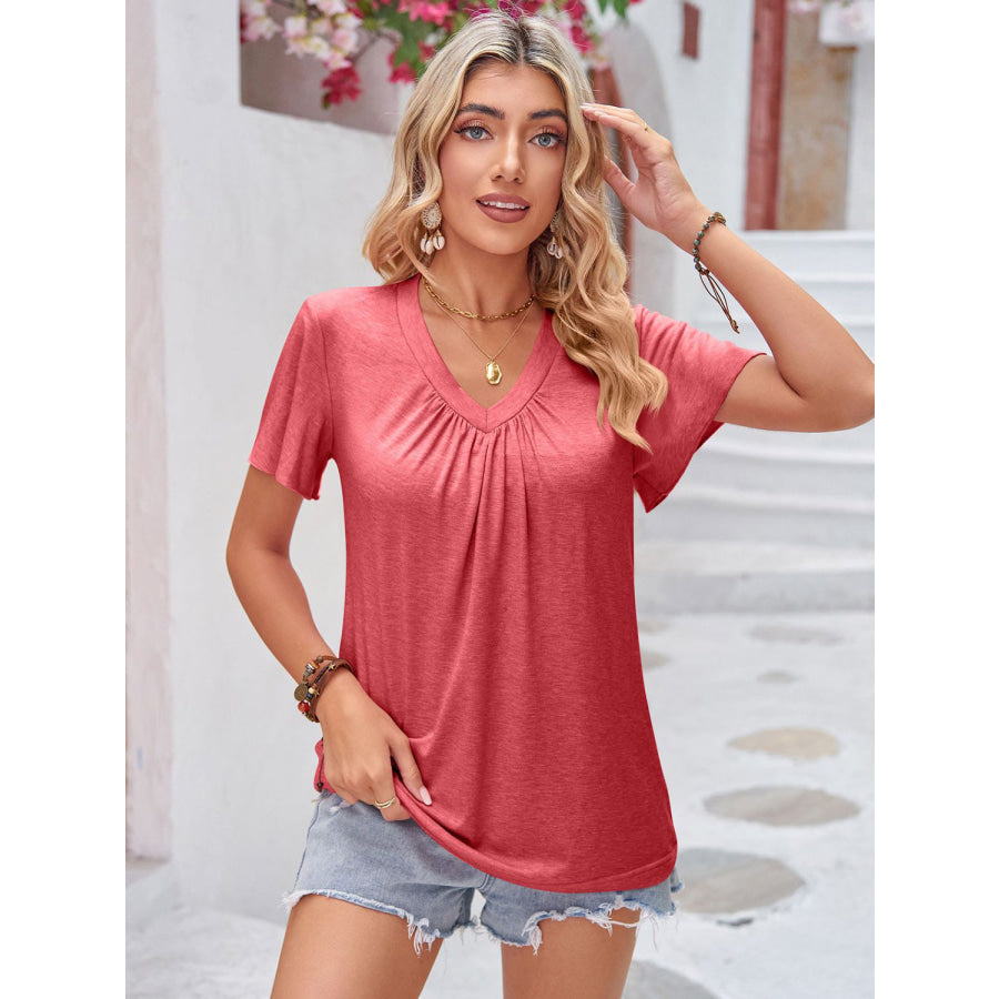 Double Take Ruched V - Neck Short Sleeve T - Shirt Blush Pink / S Apparel and Accessories