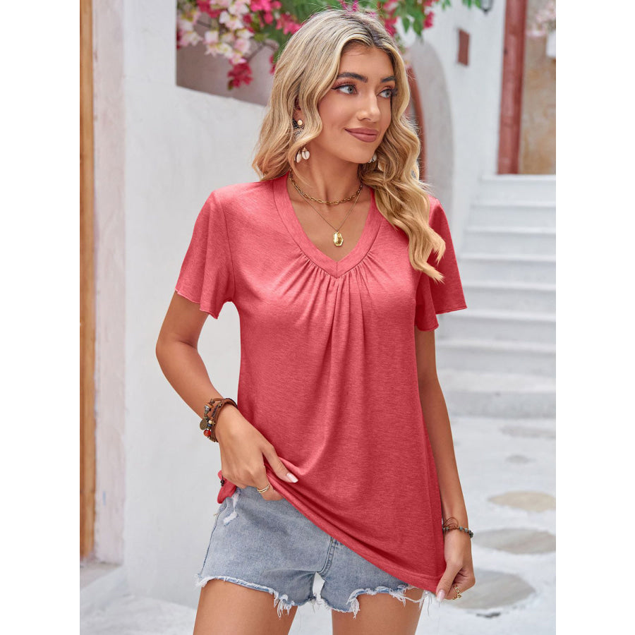 Double Take Ruched V - Neck Short Sleeve T - Shirt Apparel and Accessories