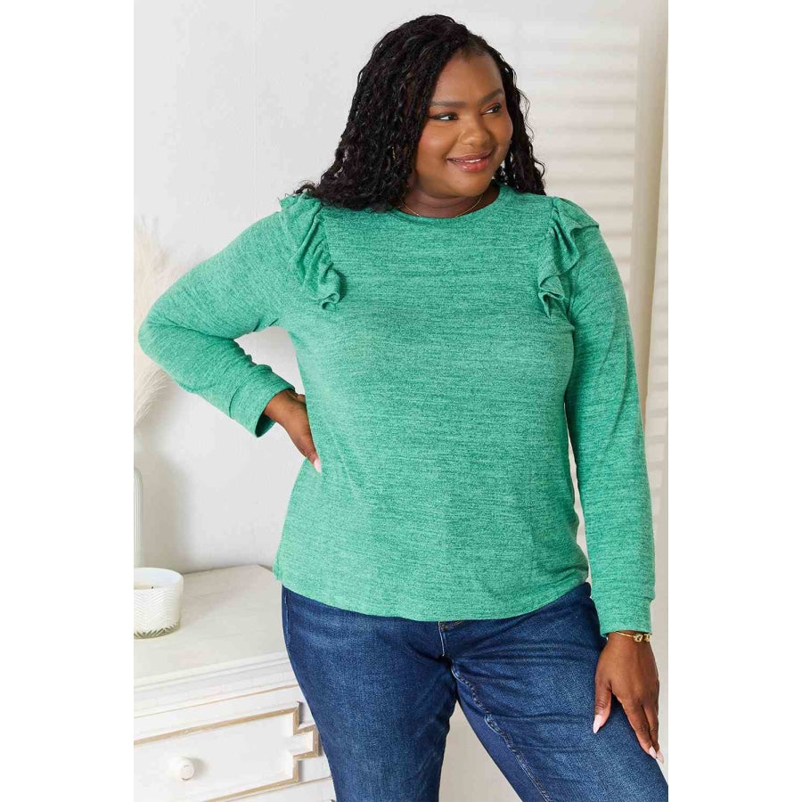 Double Take Ruffle Shoulder Long Sleeve T-Shirt Green / S