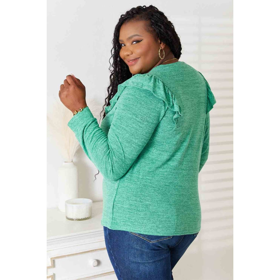 Double Take Ruffle Shoulder Long Sleeve T-Shirt Green / S