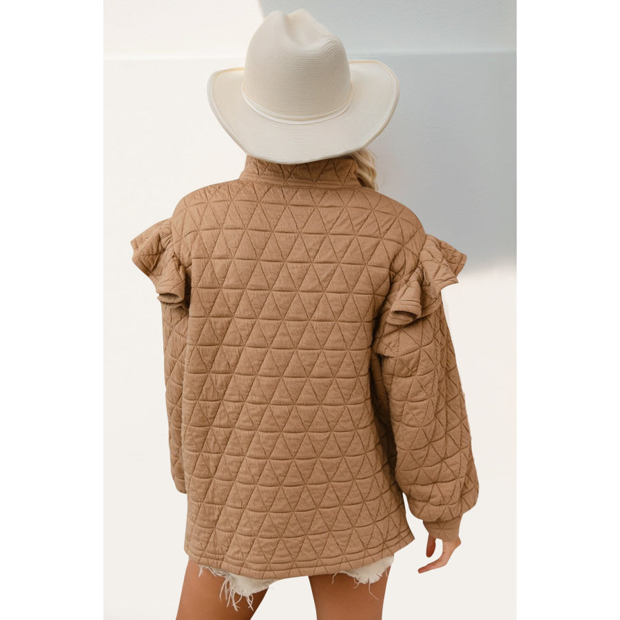 Double Take Ruffled Texture Half Zip Long Sleeve Sweatshirt Tan / S Apparel and Accessories