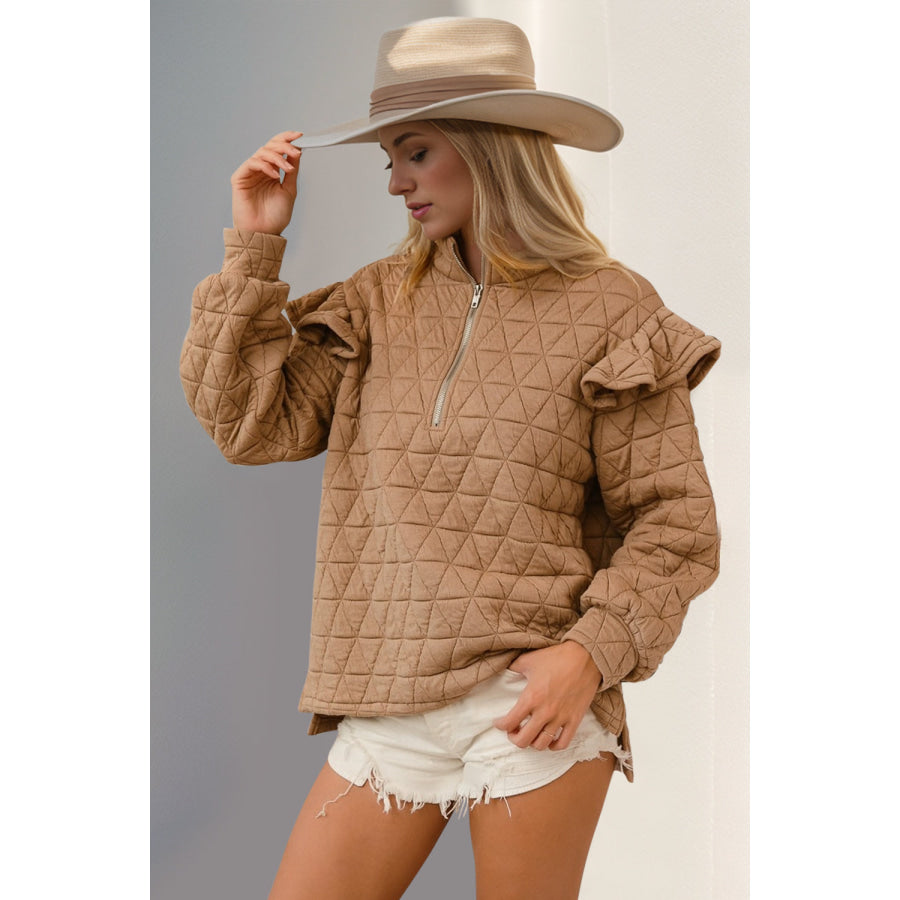 Double Take Ruffled Texture Half Zip Long Sleeve Sweatshirt Tan / S Apparel and Accessories