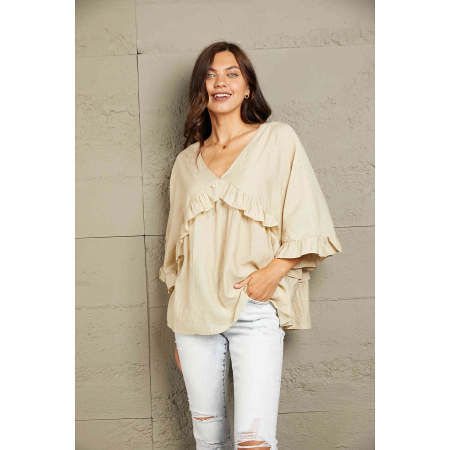 Double Take Ruffled V-Neck Half Sleeve Blouse Shirts & Tops