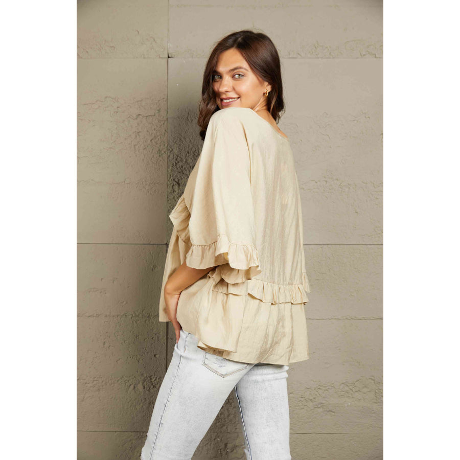 Double Take Ruffled V-Neck Half Sleeve Blouse Shirts & Tops