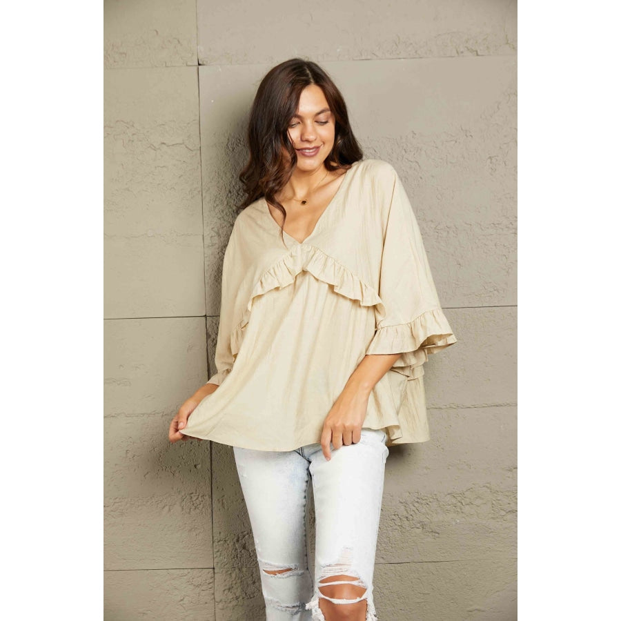 Double Take Ruffled V-Neck Half Sleeve Blouse Shirts &amp; Tops