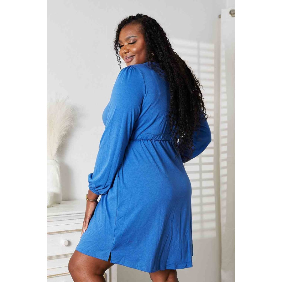 Double Take Scoop Neck Empire Waist Long Sleeve Magic Dress Royal Blue / S Apparel and Accessories