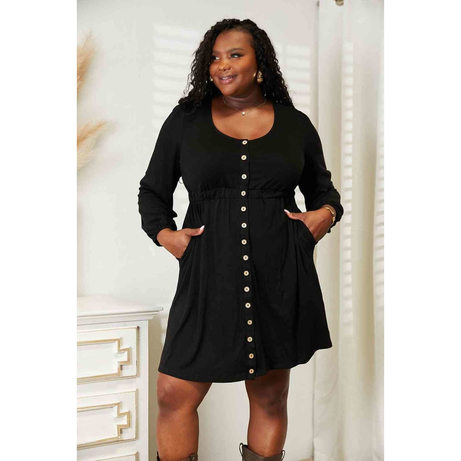 Double Take Scoop Neck Empire Waist Long Sleeve Magic Dress Black / S Apparel and Accessories