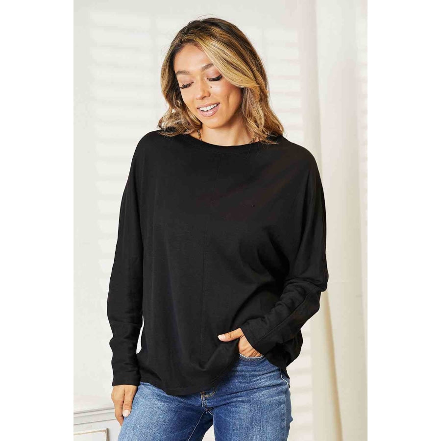 Double Take Seam Detail Round Neck Long Sleeve Top Black / S