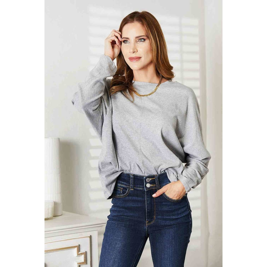 Double Take Seam Detail Round Neck Long Sleeve Top Light Gray / S