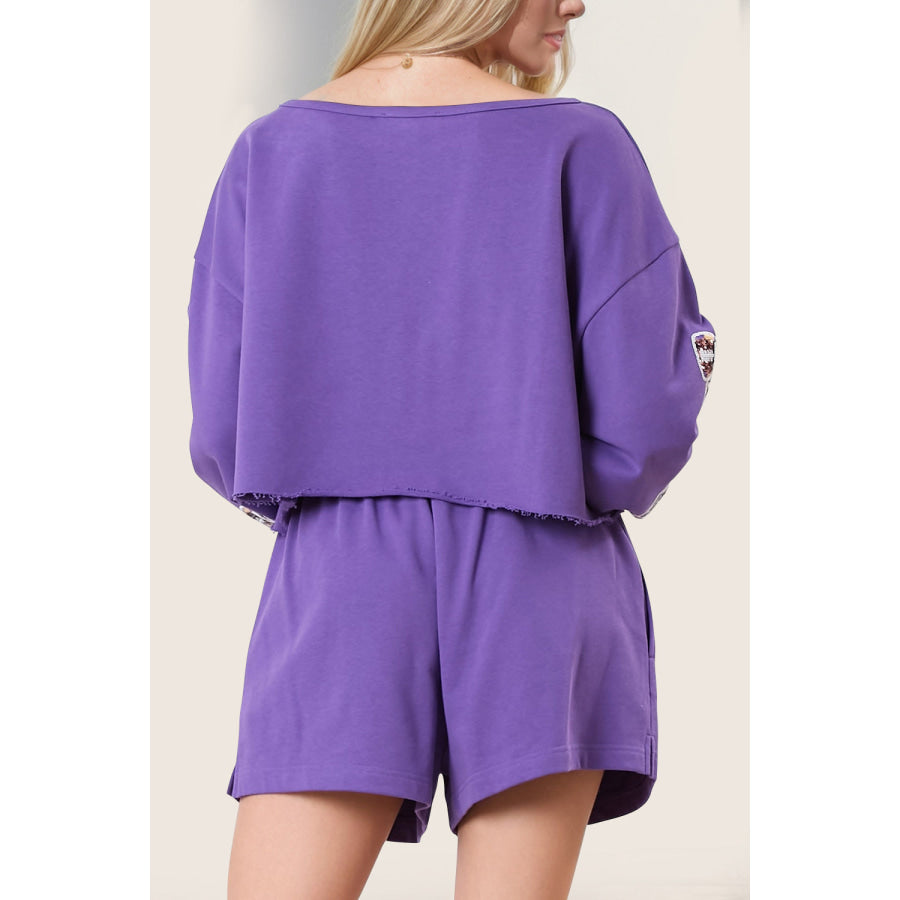 Double Take Sequin Bow Cropped Top and Shorts Set Lavender / S Apparel and Accessories