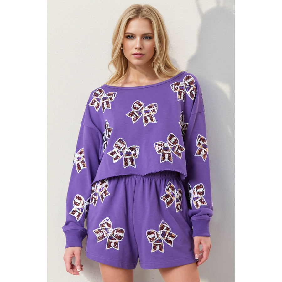 Double Take Sequin Bow Cropped Top and Shorts Set Lavender / S Apparel and Accessories