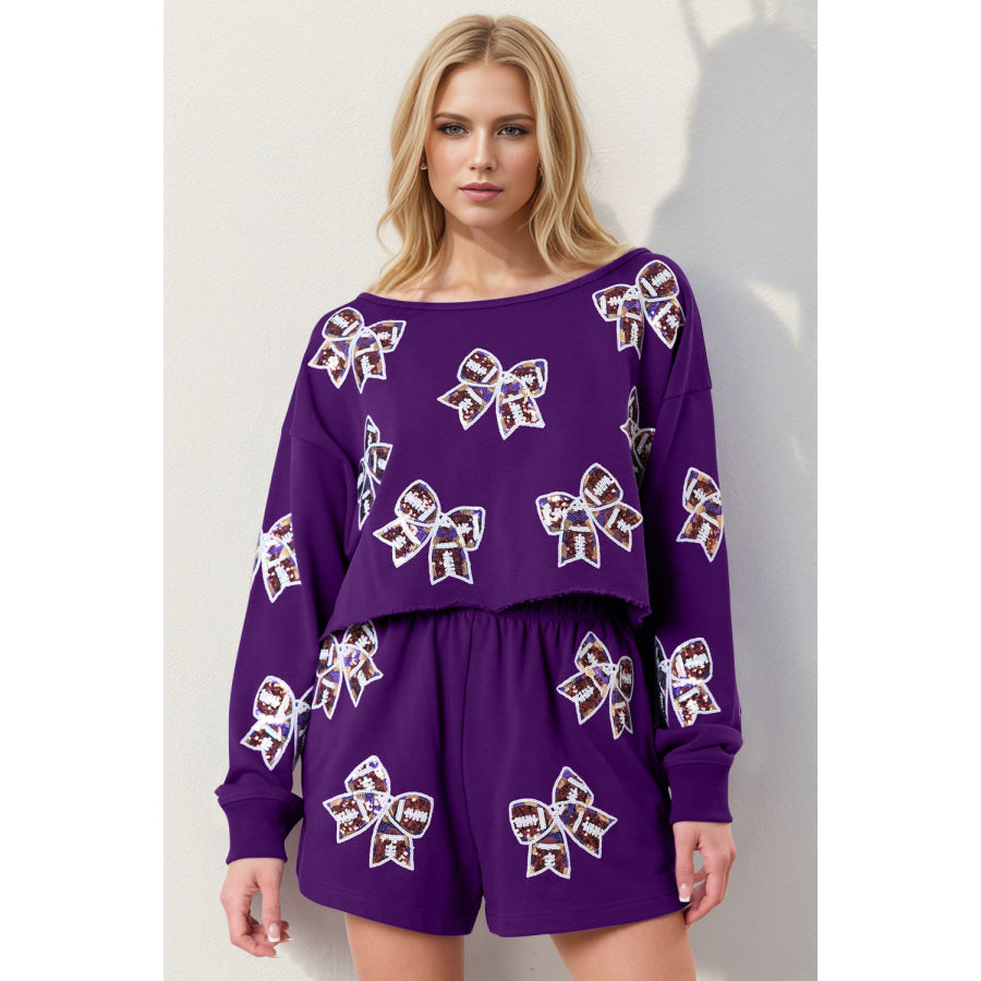 Double Take Sequin Bow Cropped Top and Shorts Set Violet / S Apparel and Accessories