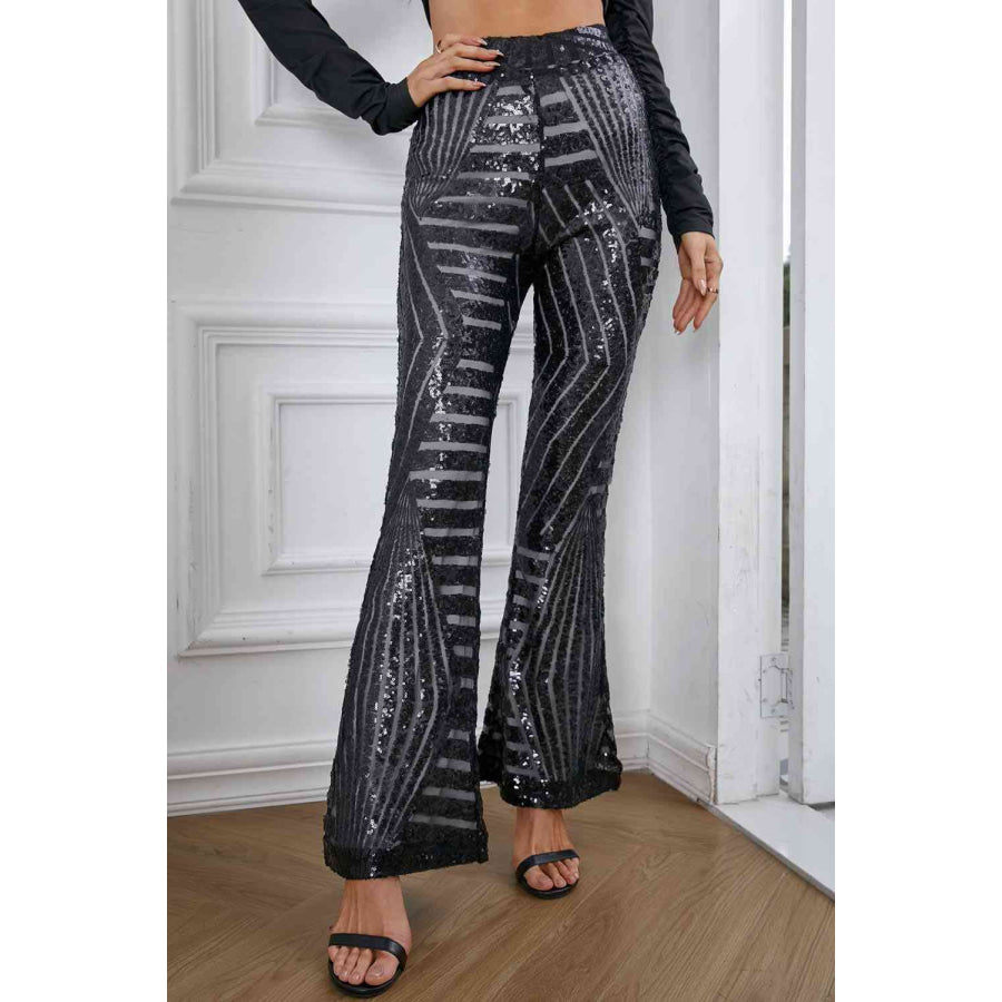 Double Take Sequin High Waist Flared Pants Black / S