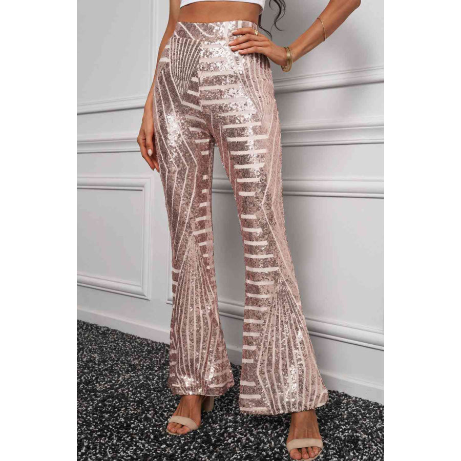 Double Take Sequin High Waist Flared Pants Pink / S