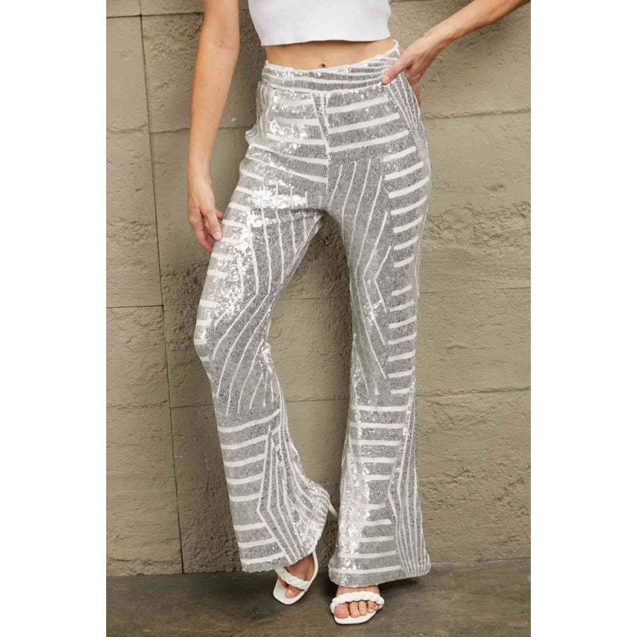 Double Take Sequin High Waist Flared Pants Silver / S