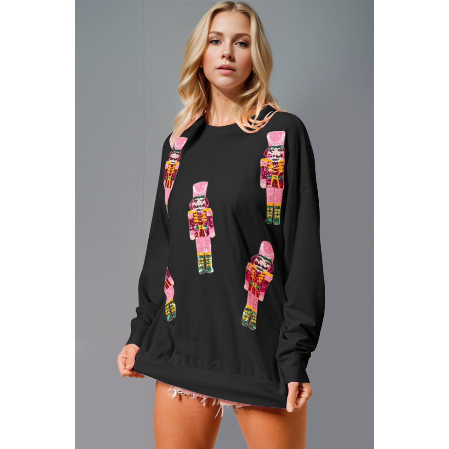 Double Take Sequin Nutcracker Round Neck Long Sleeve Sweatshirt Black / S Apparel and Accessories