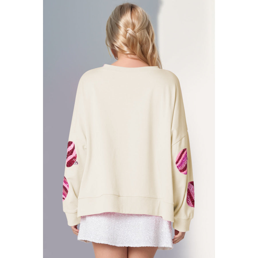 Double Take Sequin Round Neck Long Sleeve Sweatshirt Cream / S Apparel and Accessories