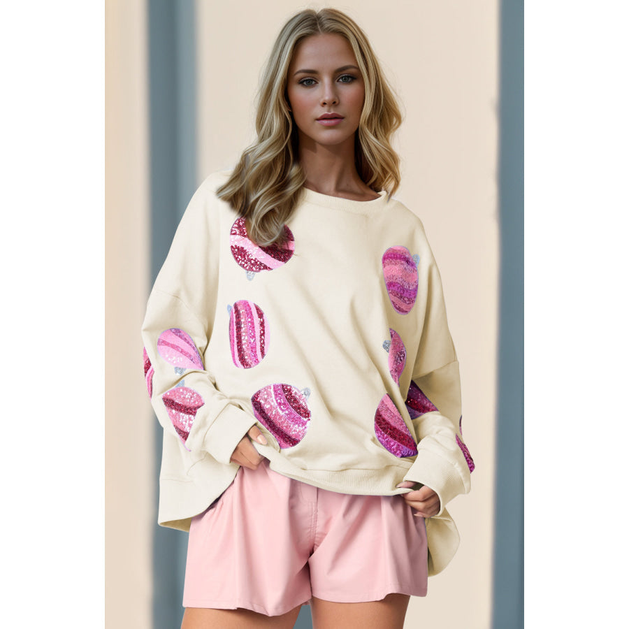 Double Take Sequin Round Neck Long Sleeve Sweatshirt Cream / S Apparel and Accessories