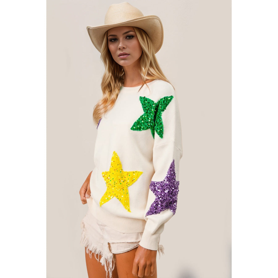 Double Take Sequin Star Round Neck Dropped Shoulder Sweater Apparel and Accessories