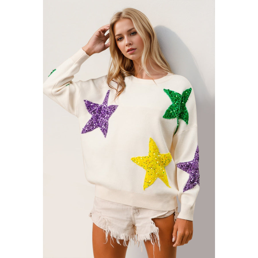 Double Take Sequin Star Round Neck Dropped Shoulder Sweater White / S Apparel and Accessories