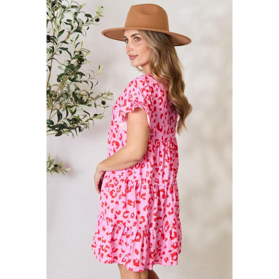 Double Take Short Flounce Sleeve Tiered Dress Fuchsia Pink / S Apparel and Accessories
