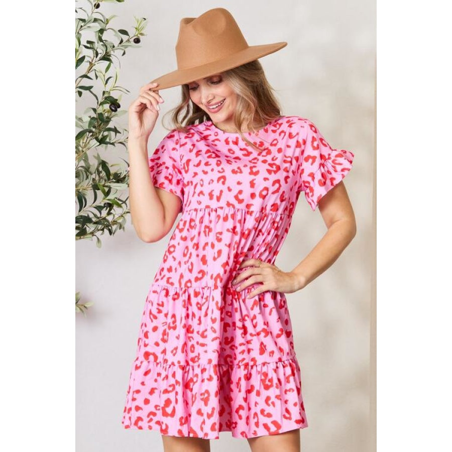 Double Take Short Flounce Sleeve Tiered Dress Fuchsia Pink / S Apparel and Accessories