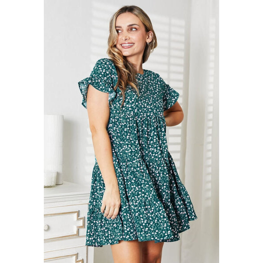 Double Take Short Flounce Sleeve Tiered Dress Green / S Apparel and Accessories