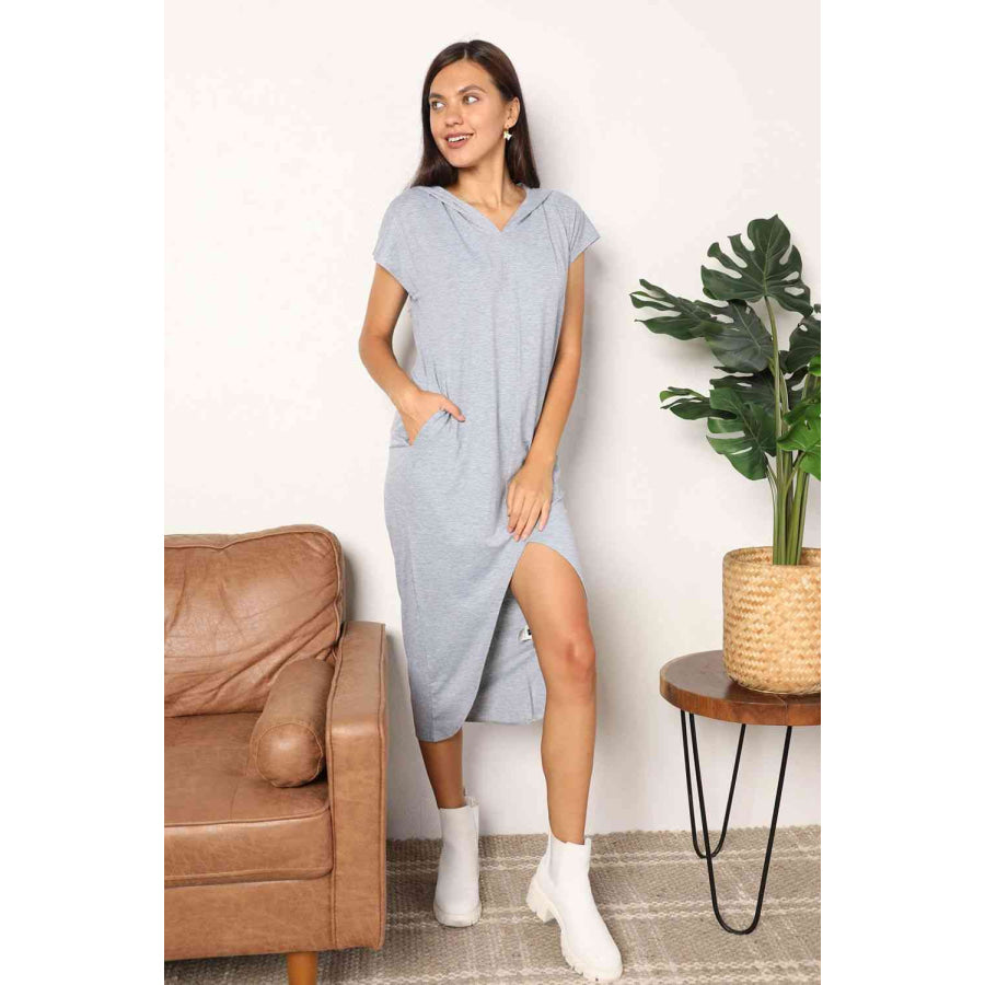 Double Take Short Sleeve Front Slit Hooded Dress Light Gray / S