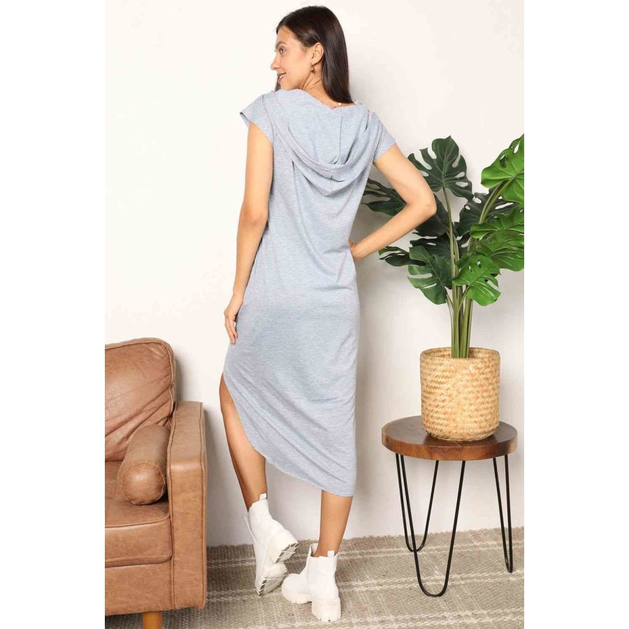 Double Take Short Sleeve Front Slit Hooded Dress Light Gray / S