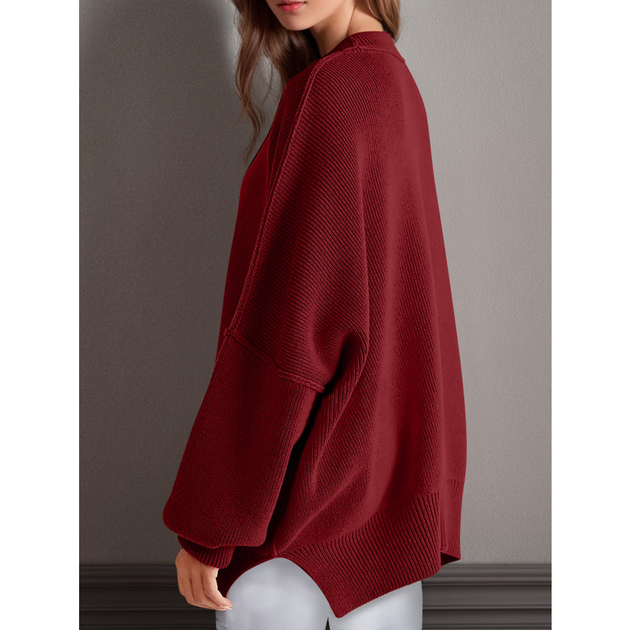 Double Take Side Slit Round Neck Long Sleeve Sweater Apparel and Accessories