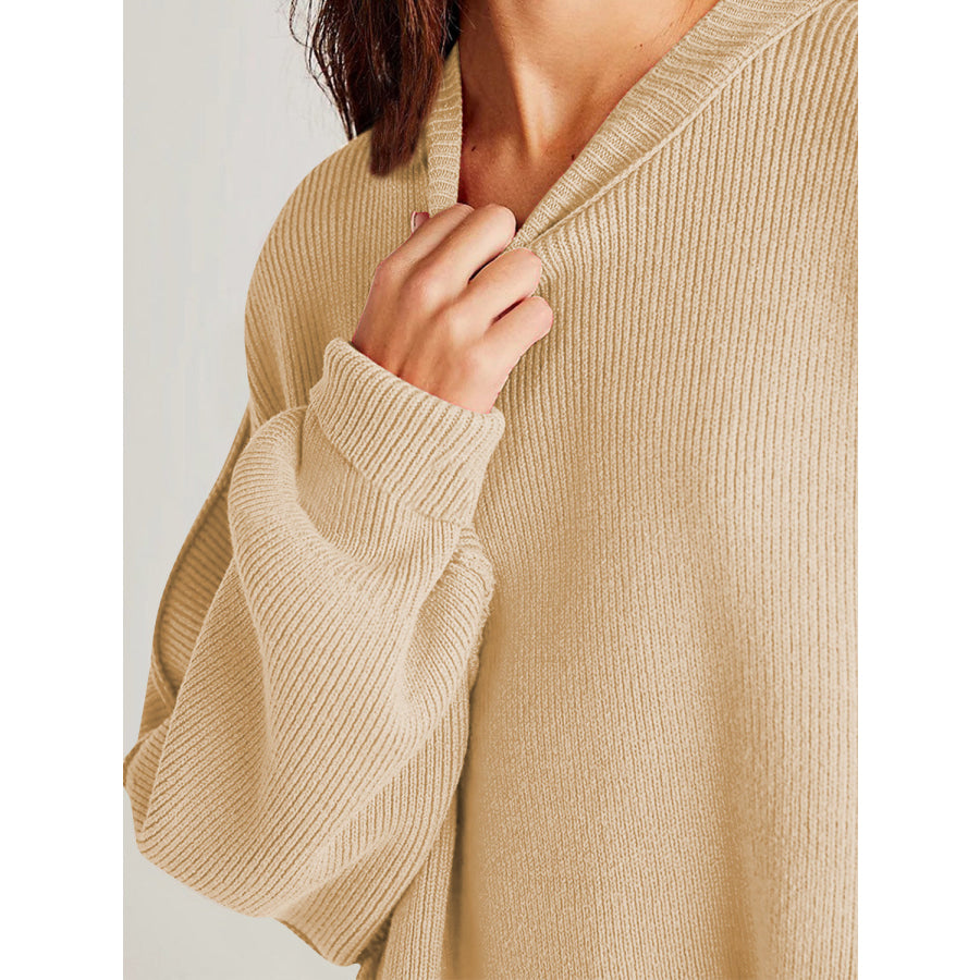 Double Take Side Slit Round Neck Long Sleeve Sweater Apparel and Accessories