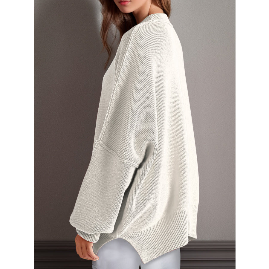 Double Take Side Slit Round Neck Long Sleeve Sweater Apparel and Accessories