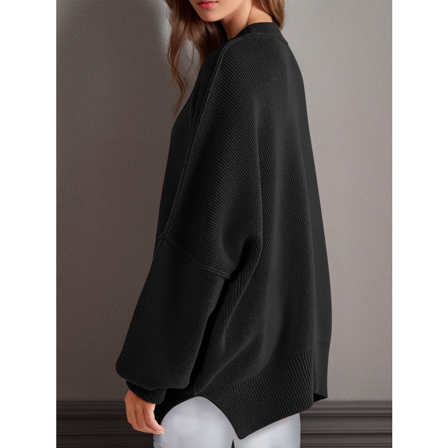 Double Take Side Slit Round Neck Long Sleeve Sweater Black / S Apparel and Accessories