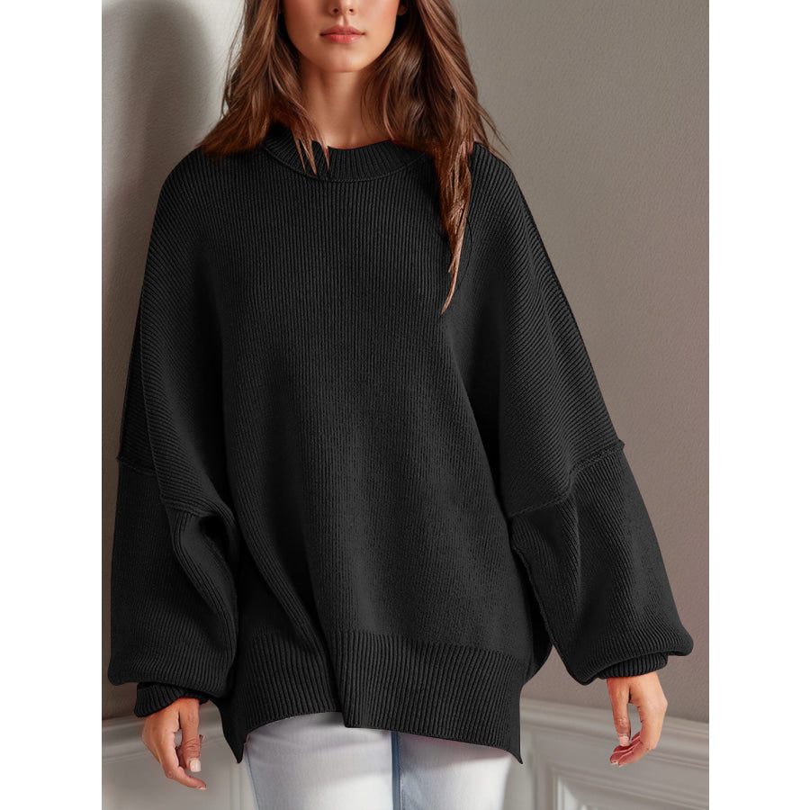 Double Take Side Slit Round Neck Long Sleeve Sweater Apparel and Accessories