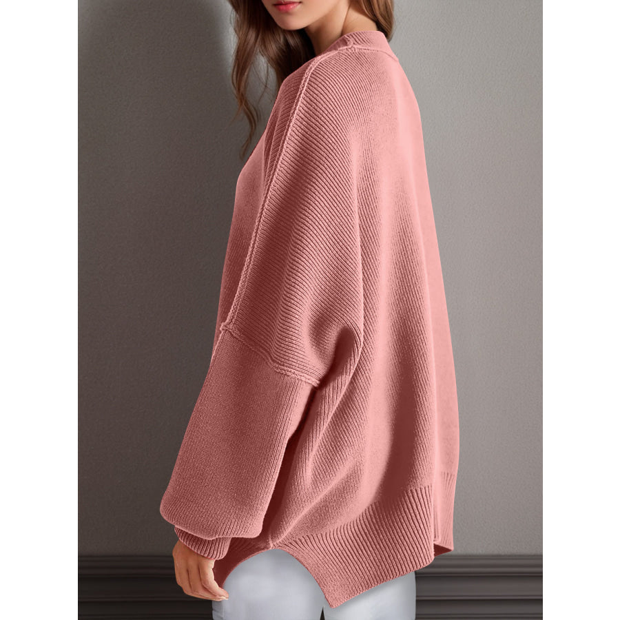 Double Take Side Slit Round Neck Long Sleeve Sweater Apparel and Accessories