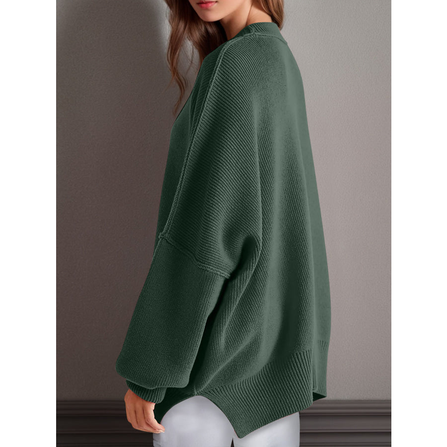 Double Take Side Slit Round Neck Long Sleeve Sweater Apparel and Accessories