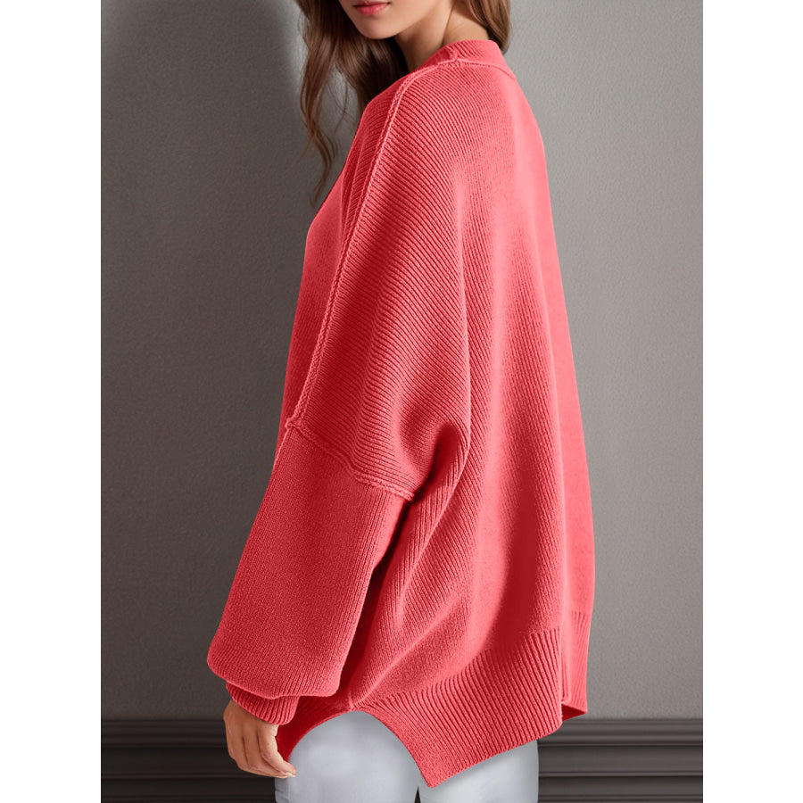 Double Take Side Slit Round Neck Long Sleeve Sweater Apparel and Accessories