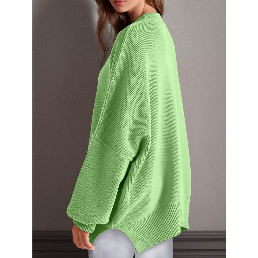 Double Take Side Slit Round Neck Long Sleeve Sweater Apparel and Accessories