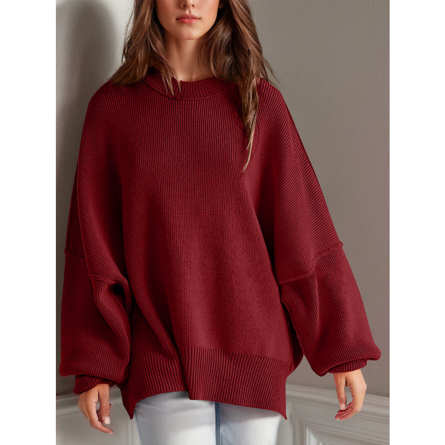 Double Take Side Slit Round Neck Long Sleeve Sweater Burgundy / S Apparel and Accessories